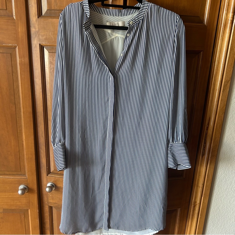 LOFT Navy and White Striped Shirt Dress